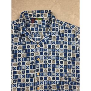 Roundy Bay Button Up Shirt Men XL Blue Geometric Tribal Turtle Tropical Hawaiian